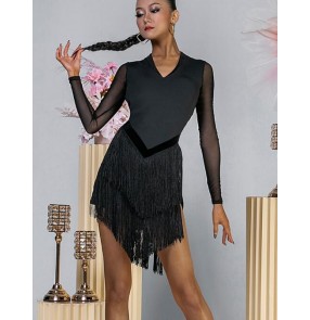 Women  latin dance dresses girls black fringe backless salsa rumba chacha dance costumes modern dance skirts for female